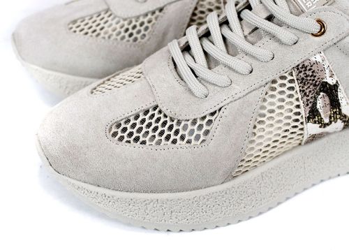 Melora Vanté – дамски сникърси от естествен велур с мрежа и стилен питон акцент в бежово