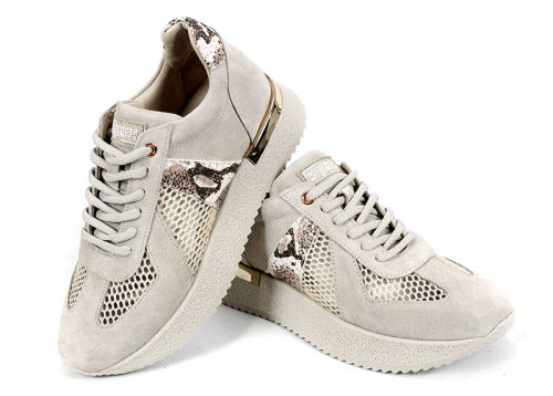 Melora Vanté – дамски сникърси от естествен велур с мрежа и стилен питон акцент в бежово