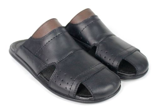 Papuci bărbați din piele naturală cu vârf semi-închis, negru