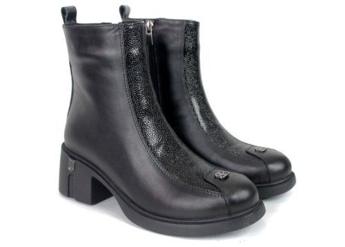 Elena Marconi – Women's Black Leather Ankle Boots with Embossed Patent Leather