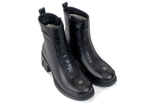 Elena Marconi – Women's Black Leather Ankle Boots with Embossed Patent Leather