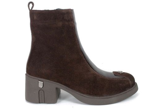Elena Marconi women's dark brown suede ankle boots with embossed patent leather.