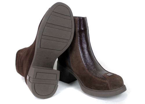 Dark brown genuine suede ankle boots with embossed patent leather.