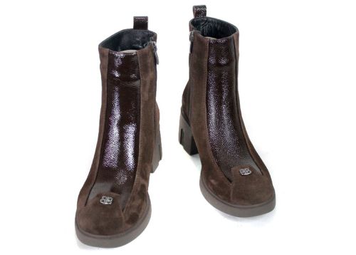 Elena Marconi – Women's Dark Brown Suede Ankle Boots with Embossed Patent Leather