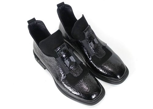 Noir Élise Women's Premium High-Vamp Shoes – Black Genuine Patent Leather with Shagreen Effect