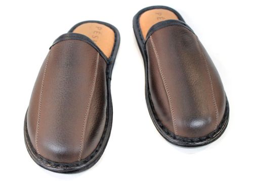 Men's House Slippers in Brown Genuine Leather