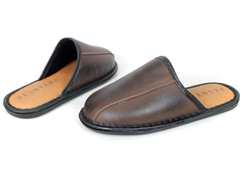 Men's House Slippers in Brown Genuine Leather