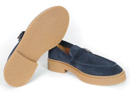 Women's navy blue suede loafers with square metal buckle