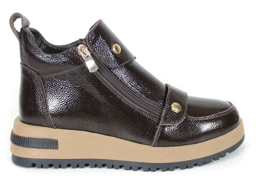 Aurelia Fontana women's dark brown glossy pebbled genuine leather ankle boots