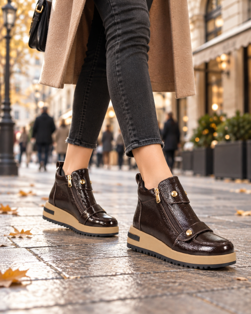 Aurelia Fontana – Women's Ankle Boots in Dark Brown Glossy Pebbled Genuine Leather
