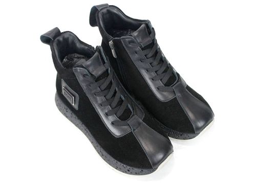 Alessia Vettori – Women's High-Top Sneakers in Black Genuine Suede and Leather | PESHTERA™
