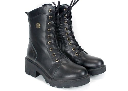 Valeria Montoro Women's Black Genuine Leather Combat Boots with Warm Lining, Elastic Laces and Side Zipper