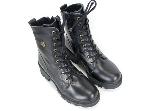 Valeria Montoro Women's Black Genuine Leather Combat Boots with Warm Lining, Elastic Laces and Side Zipper