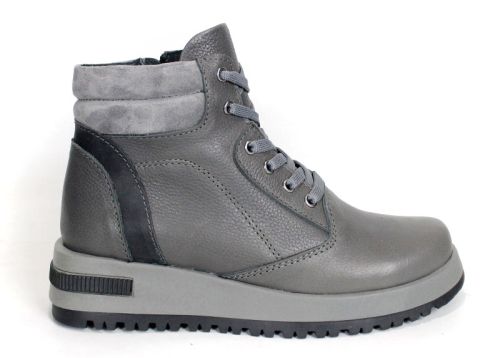Sofia Bellini – Women's Warm Grey Genuine Leather Ankle Boots with Laces, Side Zipper and Lug Sole