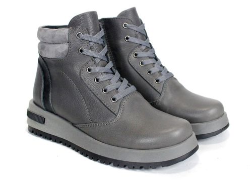 Sofia Bellini – Women's Warm Grey Genuine Leather Ankle Boots with Laces, Side Zipper and Lug Sole