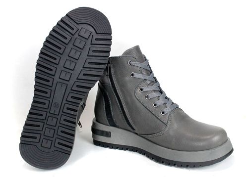 Sofia Bellini – Women's Warm Grey Genuine Leather Ankle Boots with Laces, Side Zipper and Lug Sole