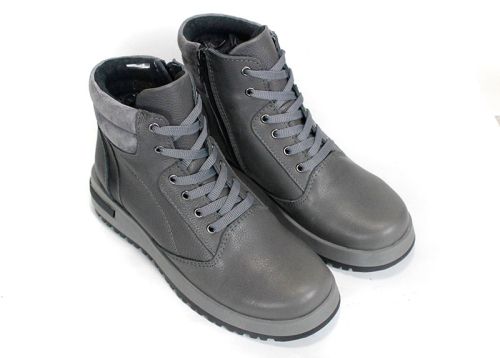 Sofia Bellini – Women's Warm Grey Genuine Leather Ankle Boots with Laces, Side Zipper and Lug Sole