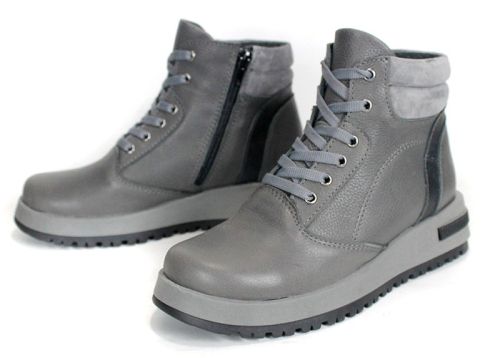 Sofia Bellini – Women's Warm Grey Genuine Leather Ankle Boots with Laces, Side Zipper and Lug Sole