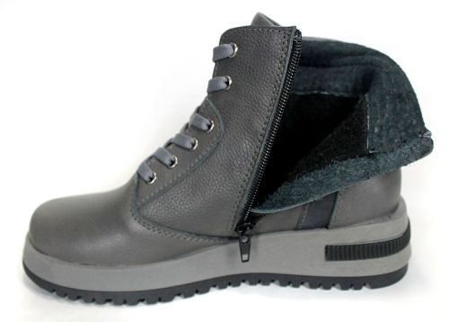 Sofia Bellini – Women's Warm Grey Genuine Leather Ankle Boots with Laces, Side Zipper and Lug Sole